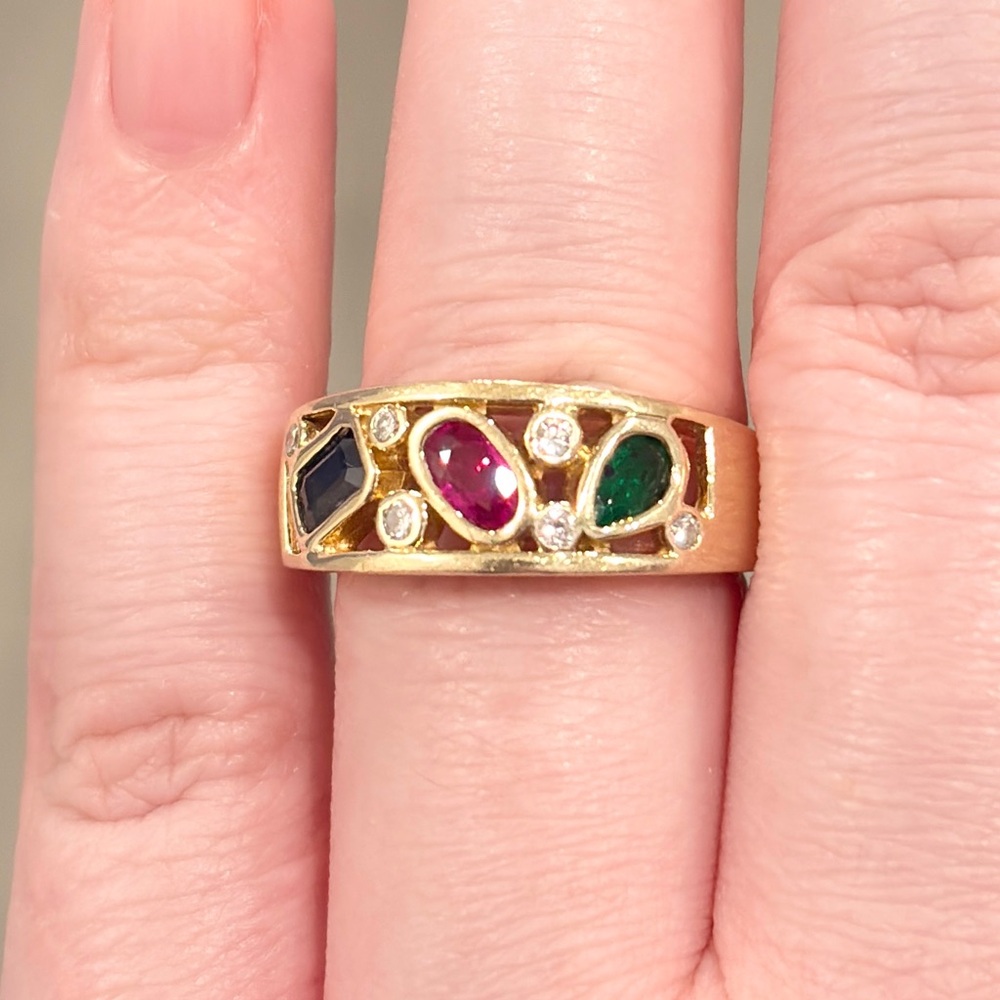 Vintage 14K Natural Precious Gemstone Ring Ruby Sapphire Emerald Diamond 7.5 - Picture 5 of 17